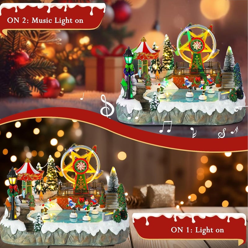 CHONSUN Christmas Village House Musical Christmas Collectible Buildings Amusement Park Carousel Skating Ferris Wheel with LED Lights Vacation Village with USB Indoor Figurines Xmas Decoration - Image 5